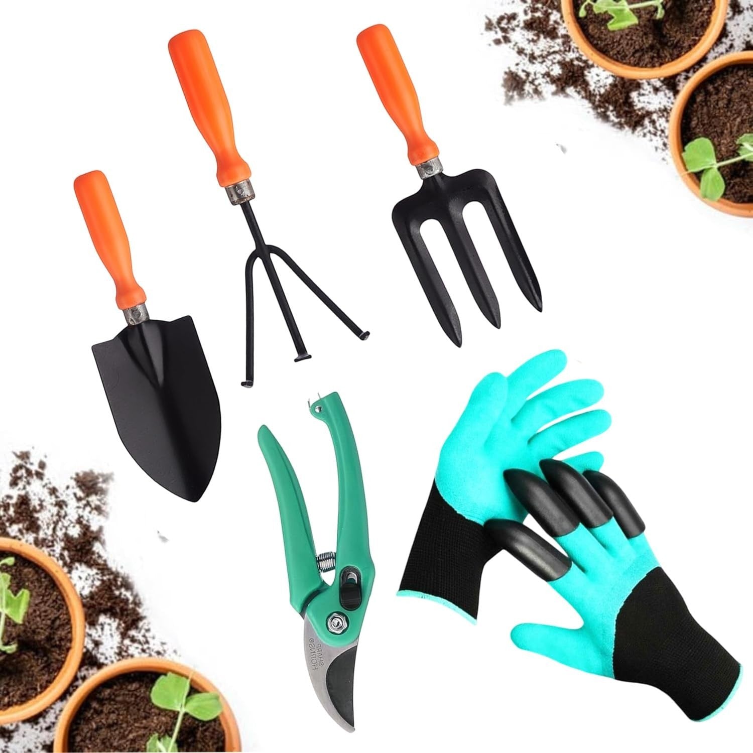 GoHooked 5-piece gardening tool set with orange-handled trowel, cultivator, fork, pruner, and teal gloves with black fingertips.