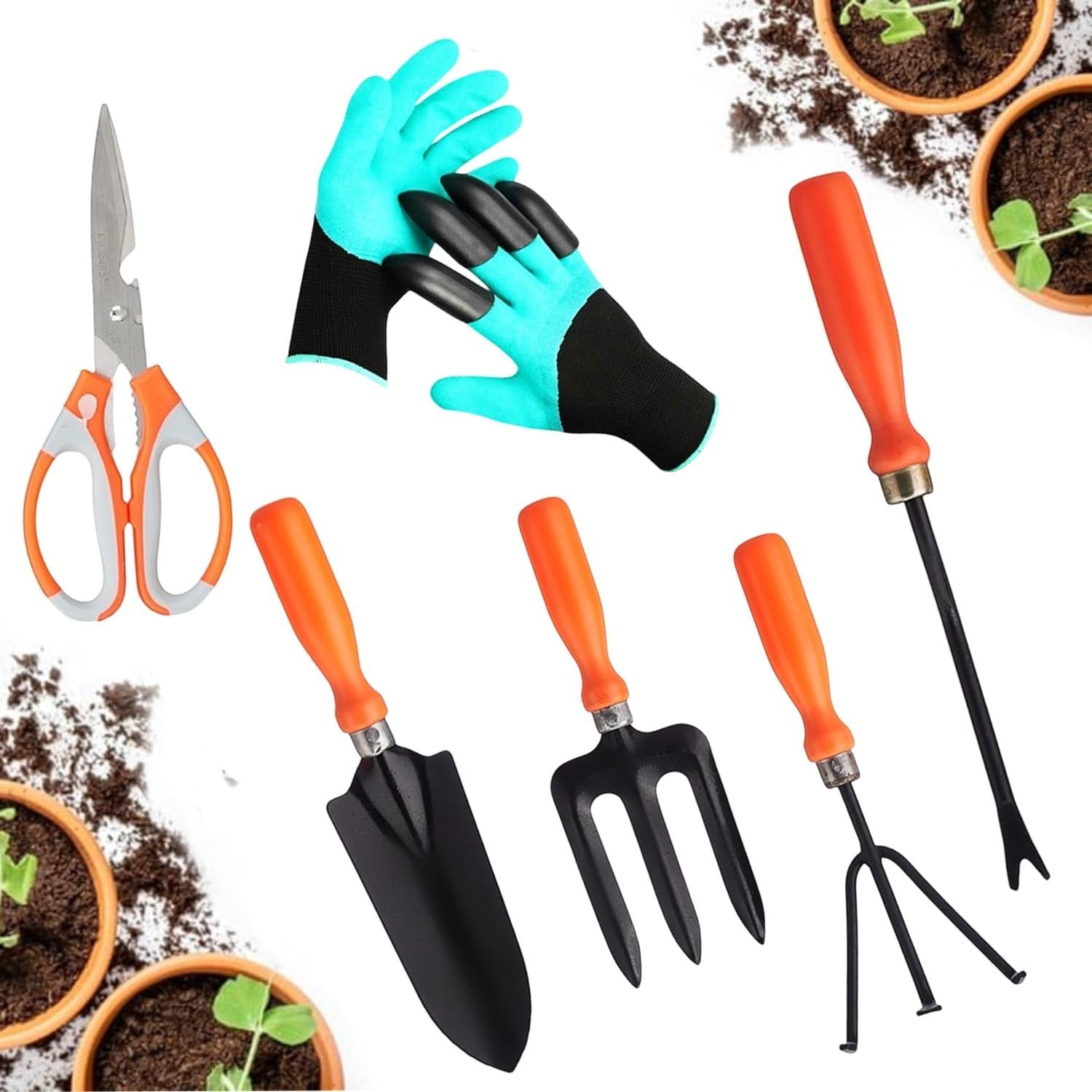 GoHooked 6-piece gardening tool set with teal gloves, orange-handled trowel, fork, transplanter, weeder, and scissors.