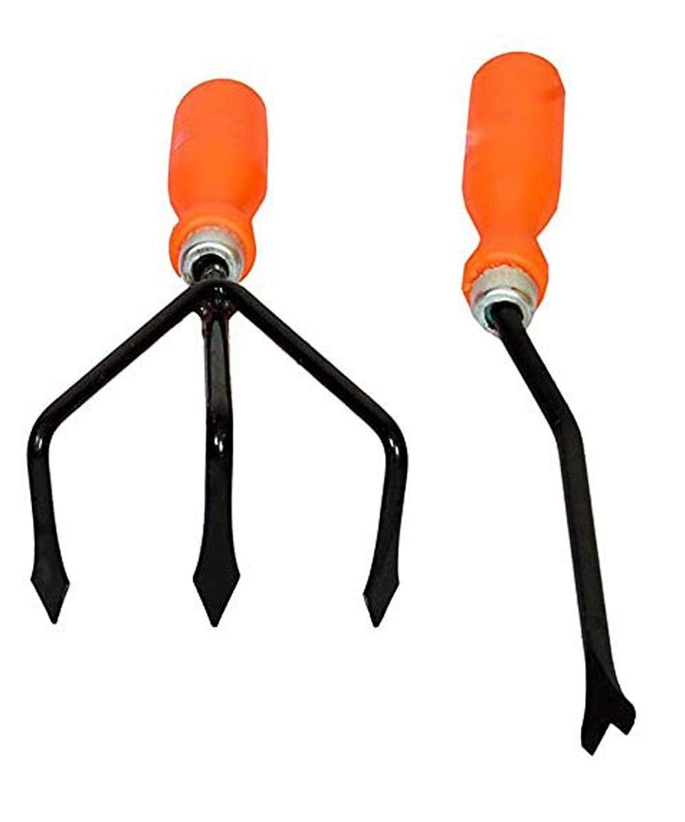GoHooked orange and black metal cultivator and weeder gardening tools with comfortable grip handles.