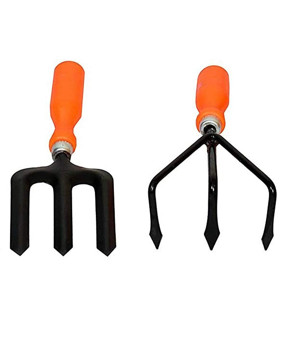 Go Hooked black metal gardening fork and cultivator with orange plastic handles, rust-resistant powder coating.