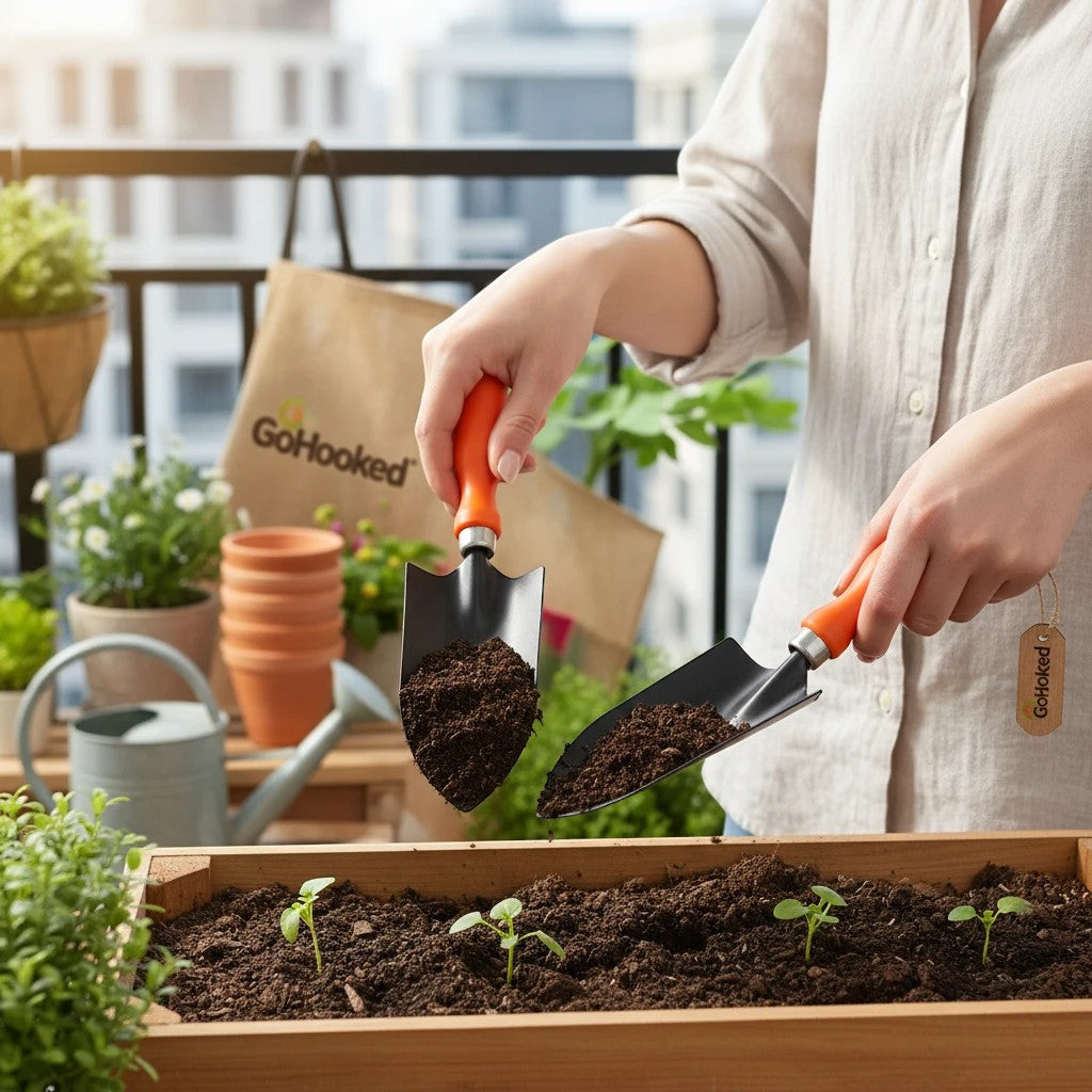 GoHooked gardening tools kit with orange handles, including a trowel and transplanter, used for planting seedlings in a wooden planter.