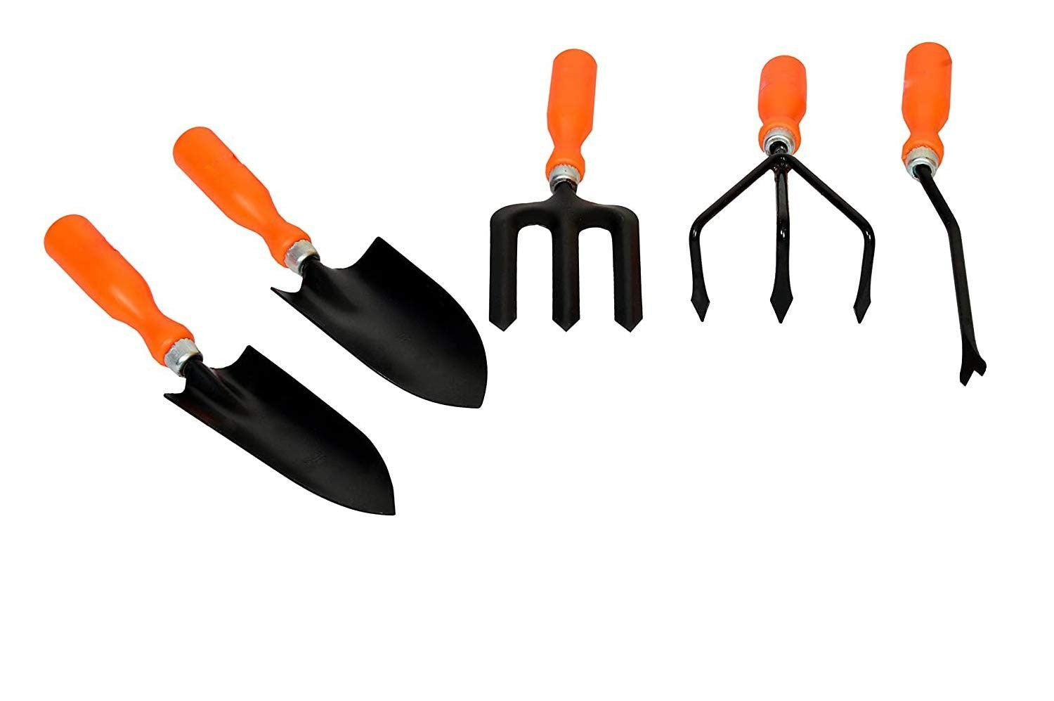 GoHooked 5-piece gardening tool set with orange plastic handles and black powder-coated metal heads: trowel, cultivator, weeder, transplanter, and fork.