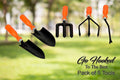 Go Hooked 5-piece gardening tool set with orange handles and black metal heads: trowel, cultivator, weeder, transplanter, and fork.