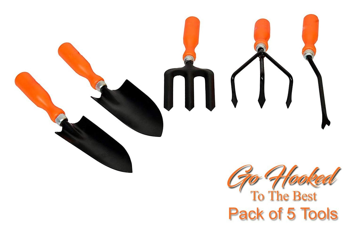 Go Hooked 5-piece gardening tool set with black metal heads and orange plastic grips. Includes trowel, cultivator, weeder, transplanter, and fork.