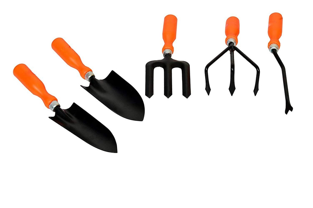 GoHooked 5-piece gardening tool set with orange plastic handles and black powder-coated metal heads: trowel, cultivator, weeder, transplanter, and fork.