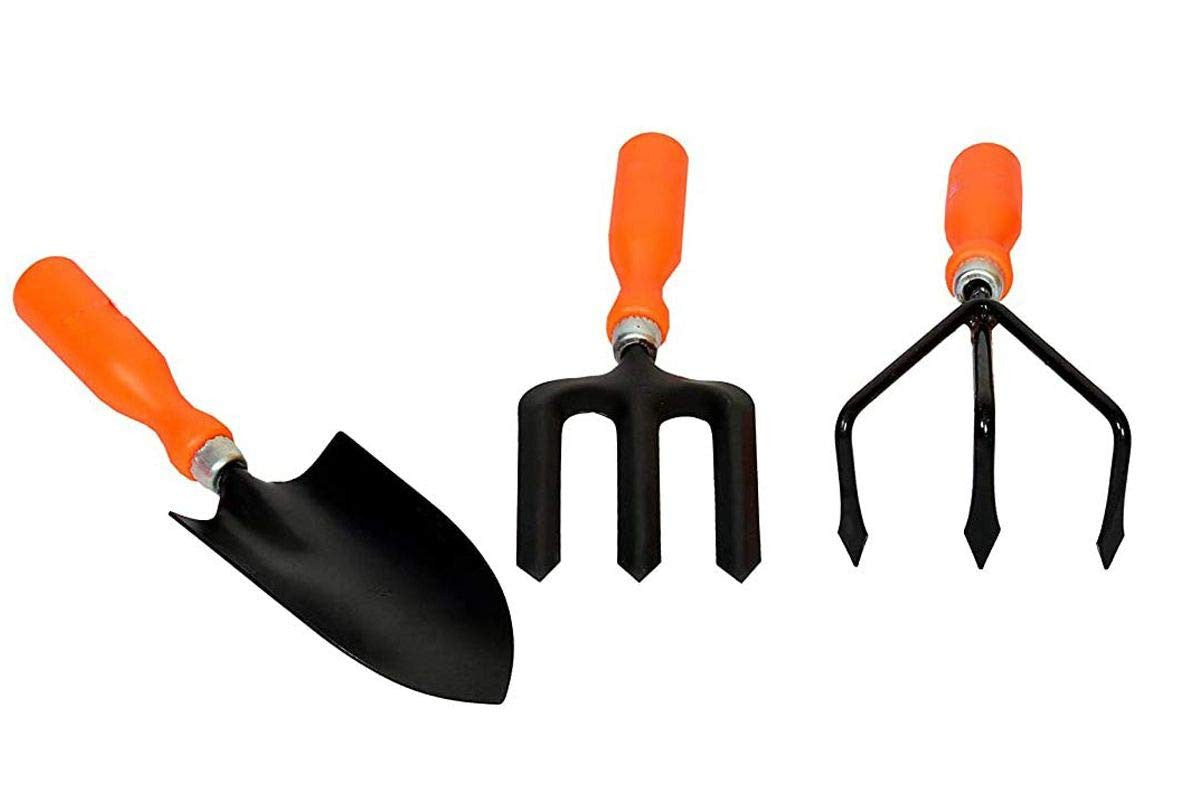 GoHooked 3-piece gardening tool set with orange plastic handles and black powder-coated metal trowel, cultivator, and weeding fork.