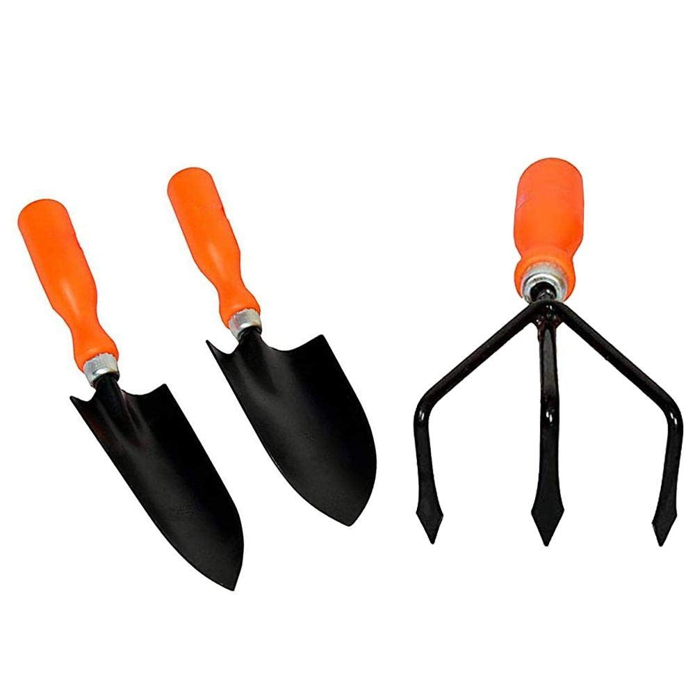 GoHooked 3-piece gardening tool set with black metal and orange plastic handles: trowel, transplanter, and cultivator.