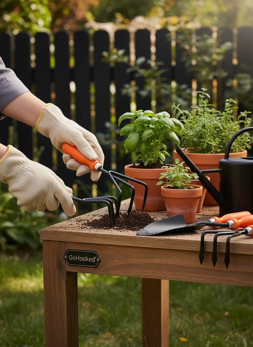 GoHooked gardening tools with orange handles, including a cultivator and weeder, on a wooden table with potted plants.