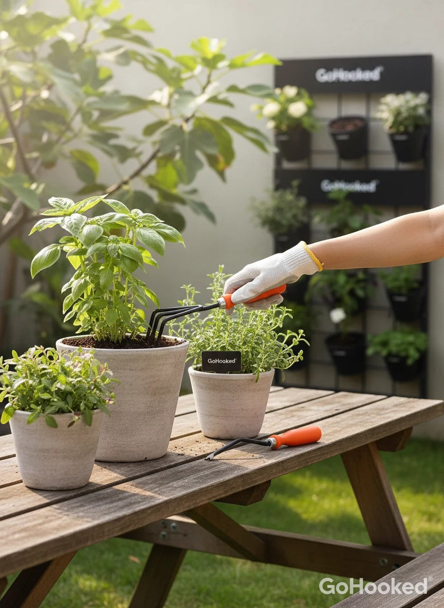 GoHooked gardening tools kit with orange handles, including a cultivator and weeder, for potted plants.