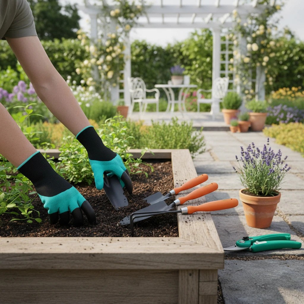 GoHooked gardening kit with trowel, cultivator, and pruners. Person wearing teal and black gloves tending to plants.