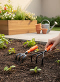 Go Hooked gardening tools with orange handles: a cultivator and a fork, made of powder-coated metal and plastic.