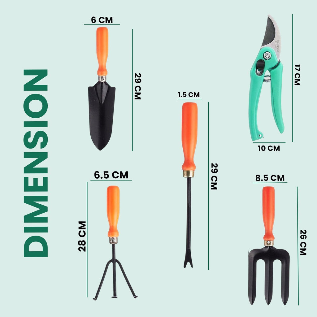 GoHooked 6-piece gardening tool kit with orange ergonomic handles, including pruner, trowel, fork, and weeder with dimensions.