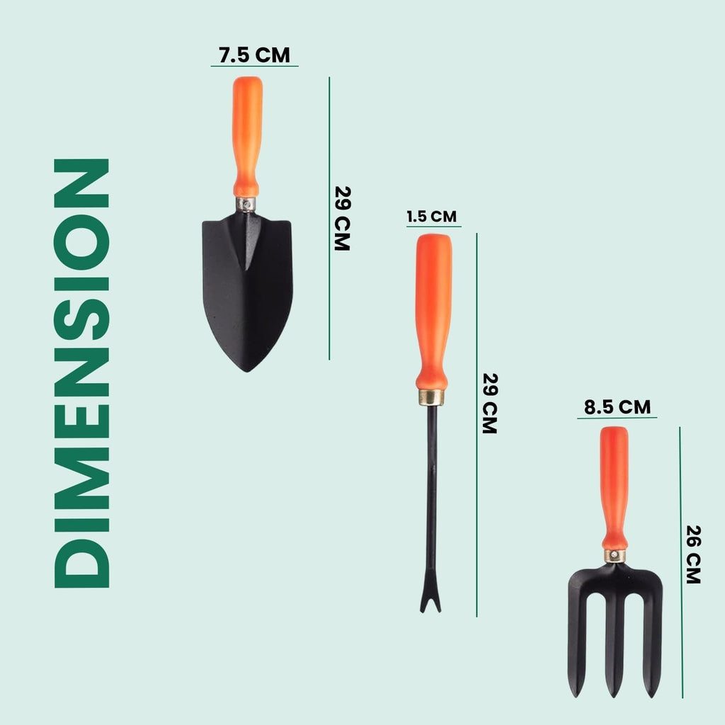 Go Hooked 3-piece gardening tool set: black metal trowel, weeder, and fork with orange soft-grip handles. Rust-resistant and heavy-duty.