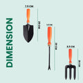 Go Hooked 3-piece gardening tool set: black metal trowel, weeder, and fork with orange soft-grip handles. Rust-resistant and heavy-duty.