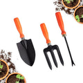 Go Hooked 3-piece gardening tool set: black metal trowel, fork, and weeder with orange soft-grip handles. Ideal for indoor and outdoor plants.
