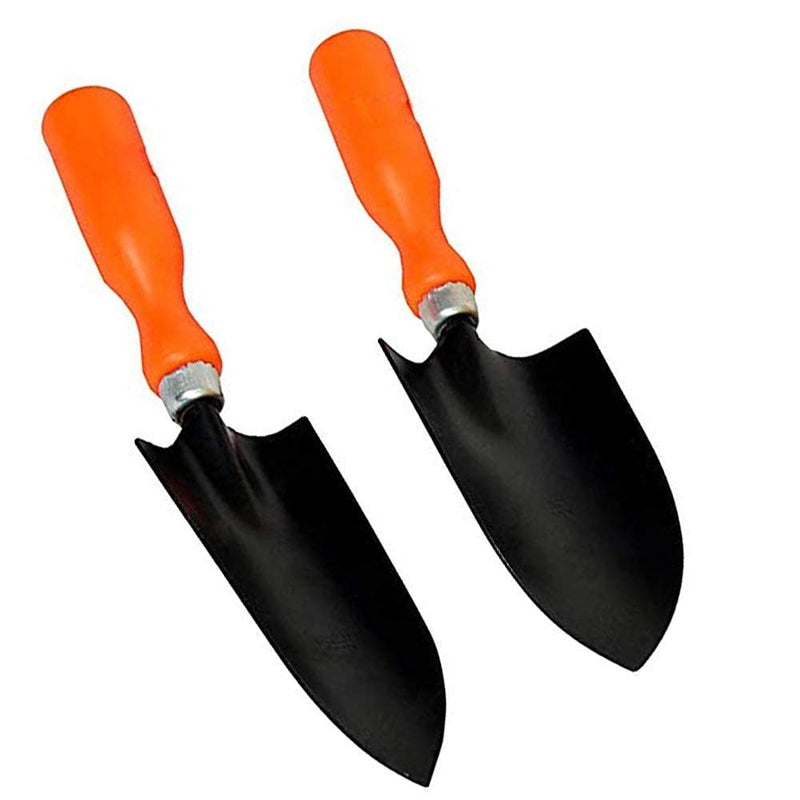 GoHooked gardening tools set with two black metal trowels and orange plastic handles. Includes a hand trowel and a transplanter.