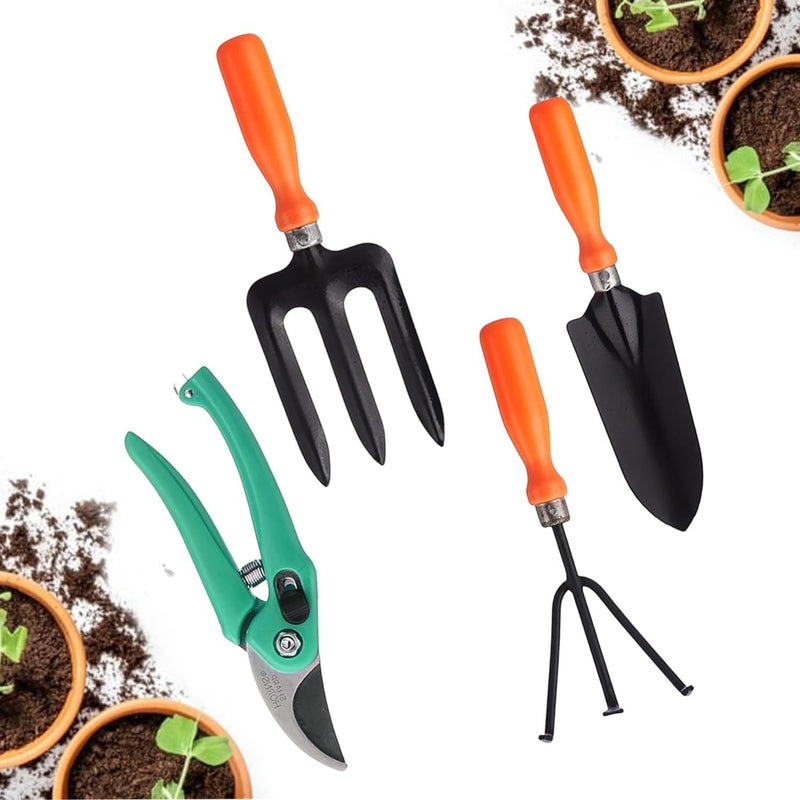 Go Hooked 4-piece gardening tool set with orange soft-grip handles: cultivator, trowel, transplanter, and pruners.
