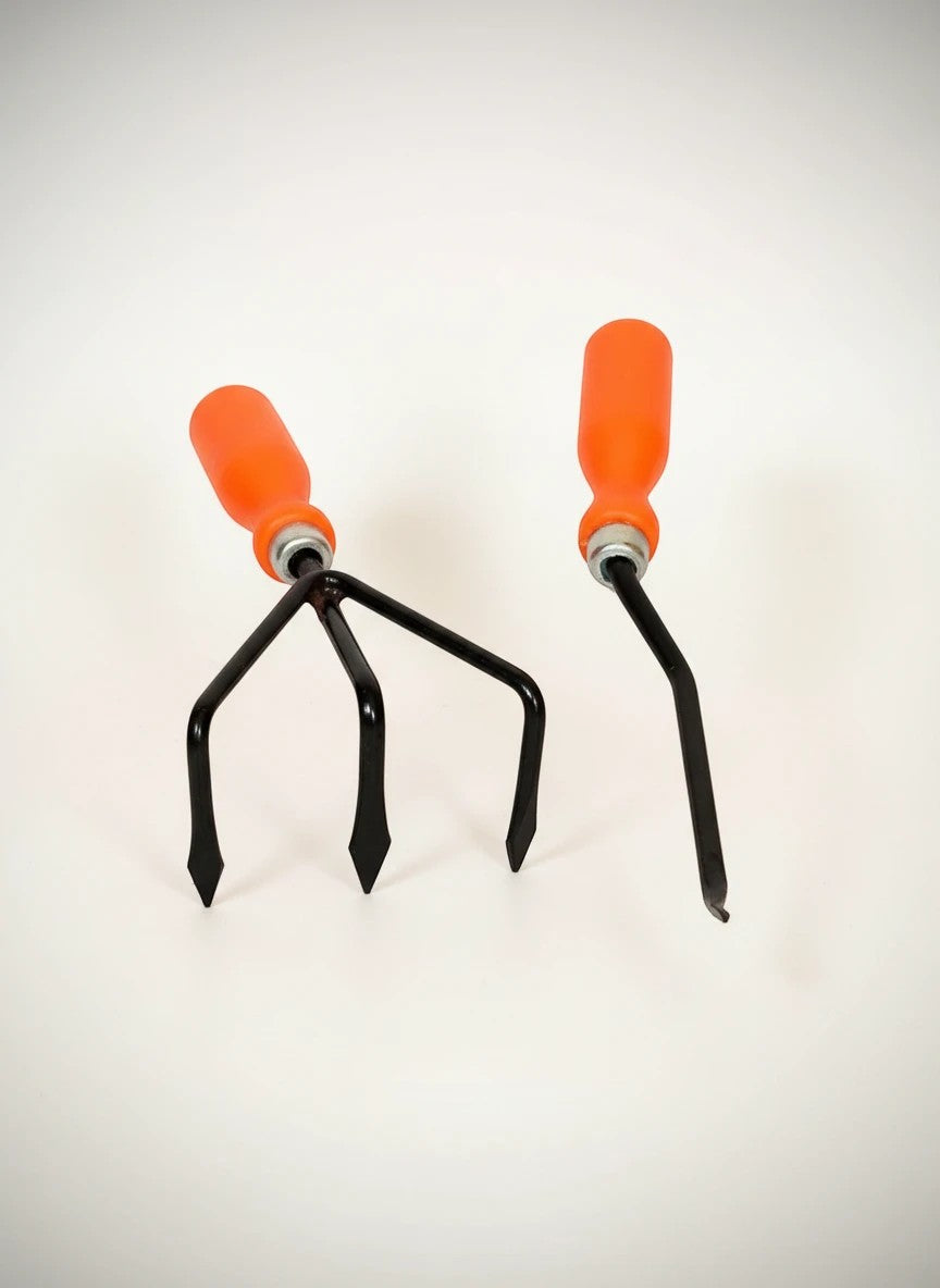 GoHooked orange and black metal gardening weeder and cultivator tools with comfortable grip handles.
