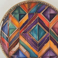 Go Hooked set of 2 round metal decorative trays with gold finish and geometric art in vibrant colors.