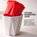 GoHooked white geometric self-watering planter with a red inner pot. Made of plastic, 4-inch size.