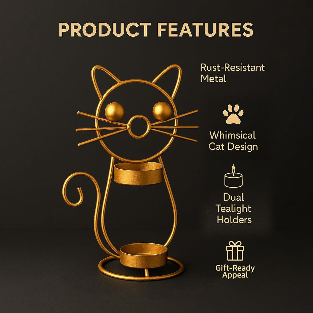 GoHooked gold metal cat tealight candle holder with dual trays and whimsical design. Perfect for Diwali table decor.