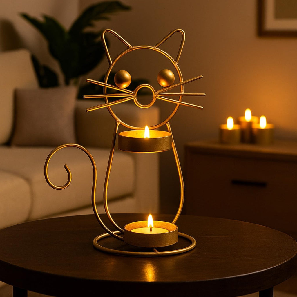GoHooked gold metal cat tealight candle holder with two trays, 21cm tall, for table decor and gifting.