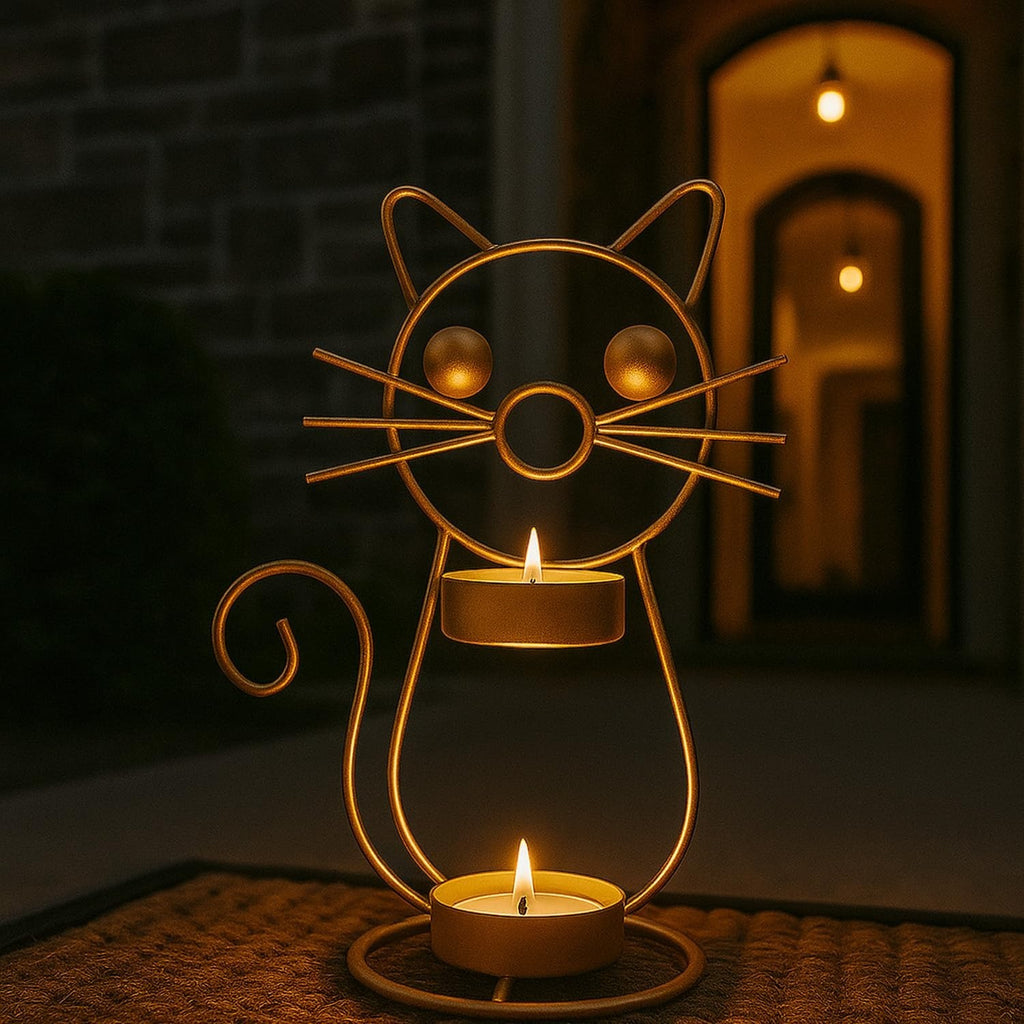 GoHooked gold metal cat tealight candle holder with two trays and lit candles, 21cm tall decorative stand.