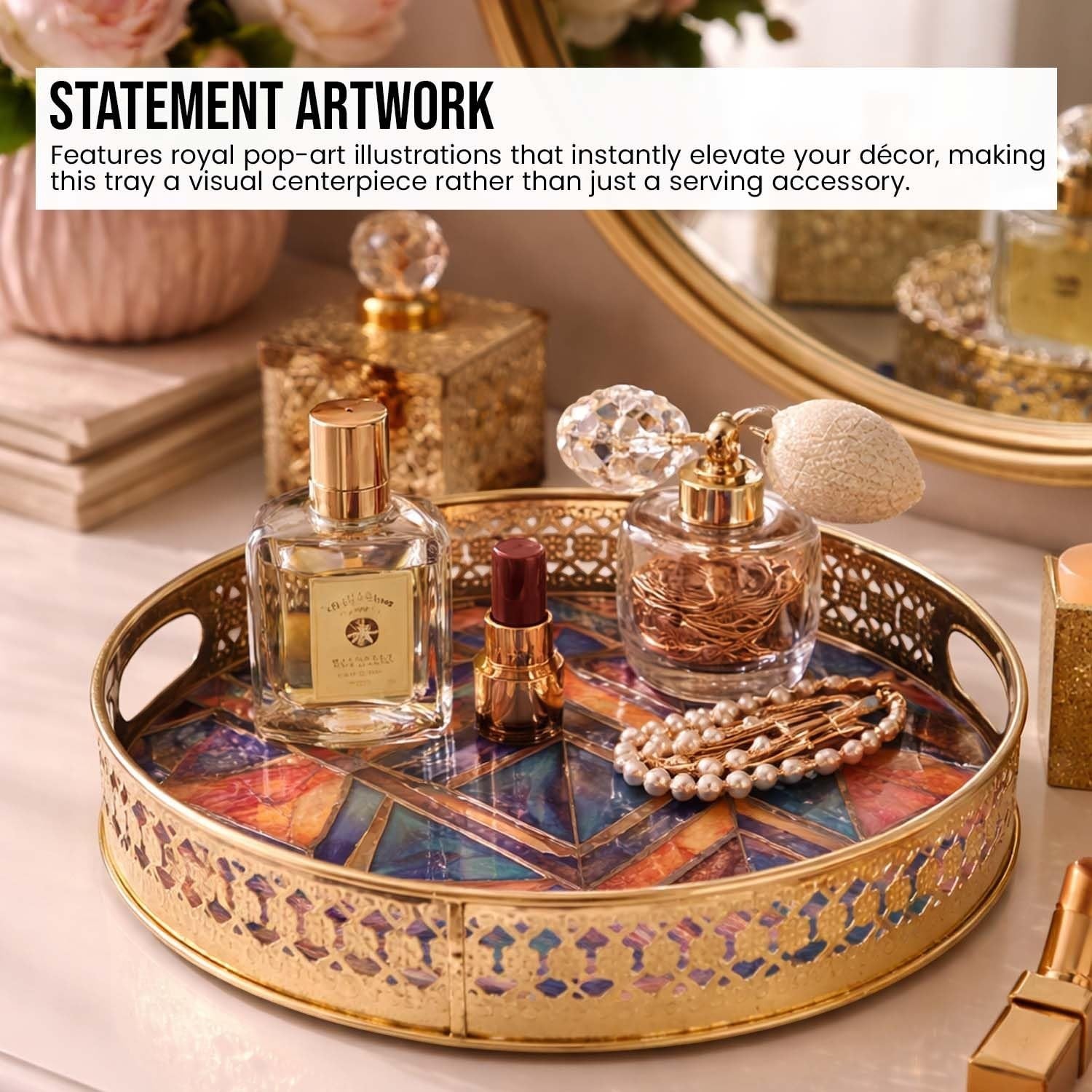 Go Hooked gold metal decorative tray with geometric art inlay, featuring cut-out rim and handles. Ideal for styling coffee tables.