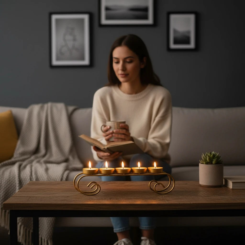 GoHooked gold scroll iron tealight candle holder with 5 trays on a wooden table.