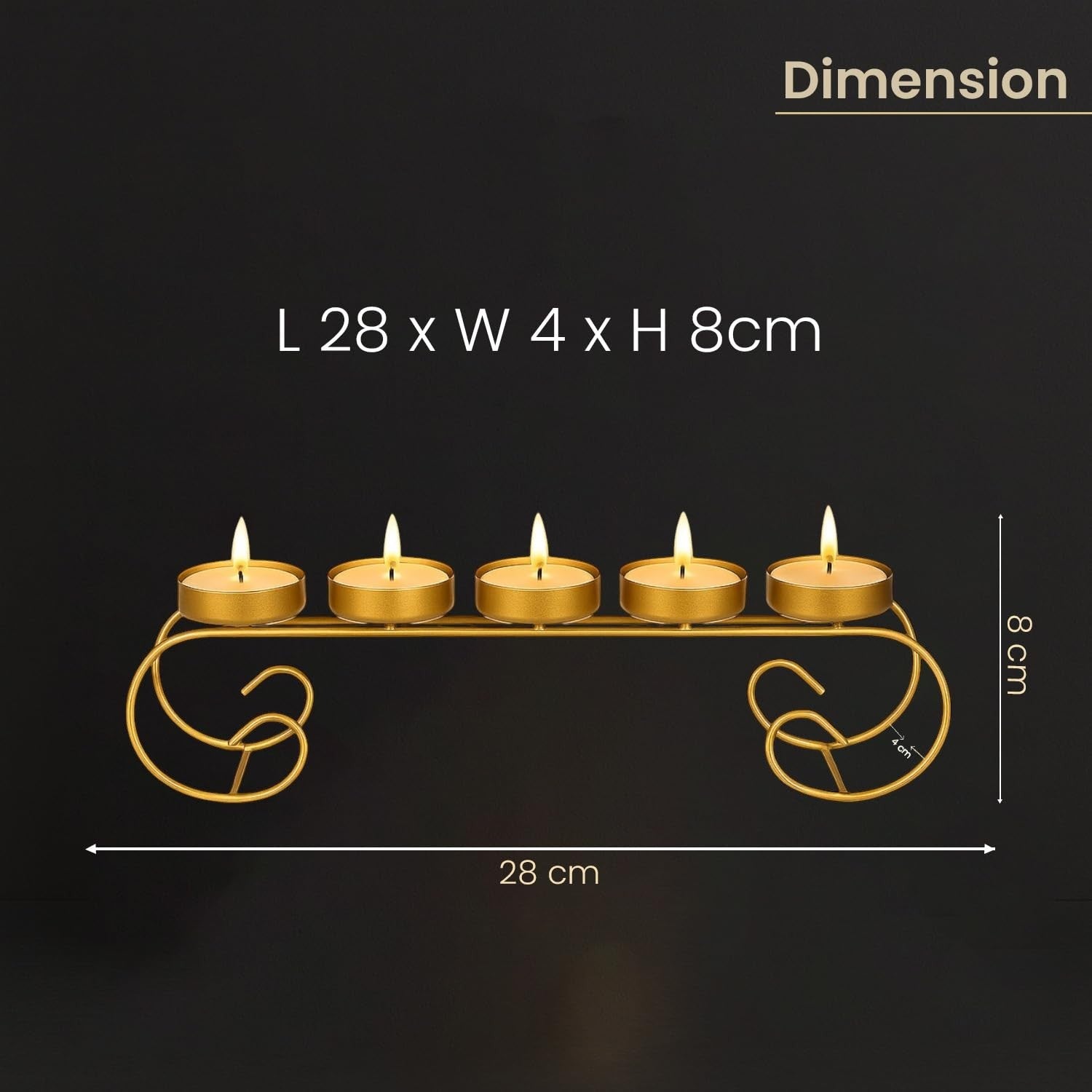 GoHooked gold iron scroll tealight candle holder with 5 trays, 28cm long, for tabletop and home decor.