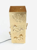 Go Hooked gold metal table lamp with butterfly cutouts and embossed butterflies. Square shape, 9.8 inches.