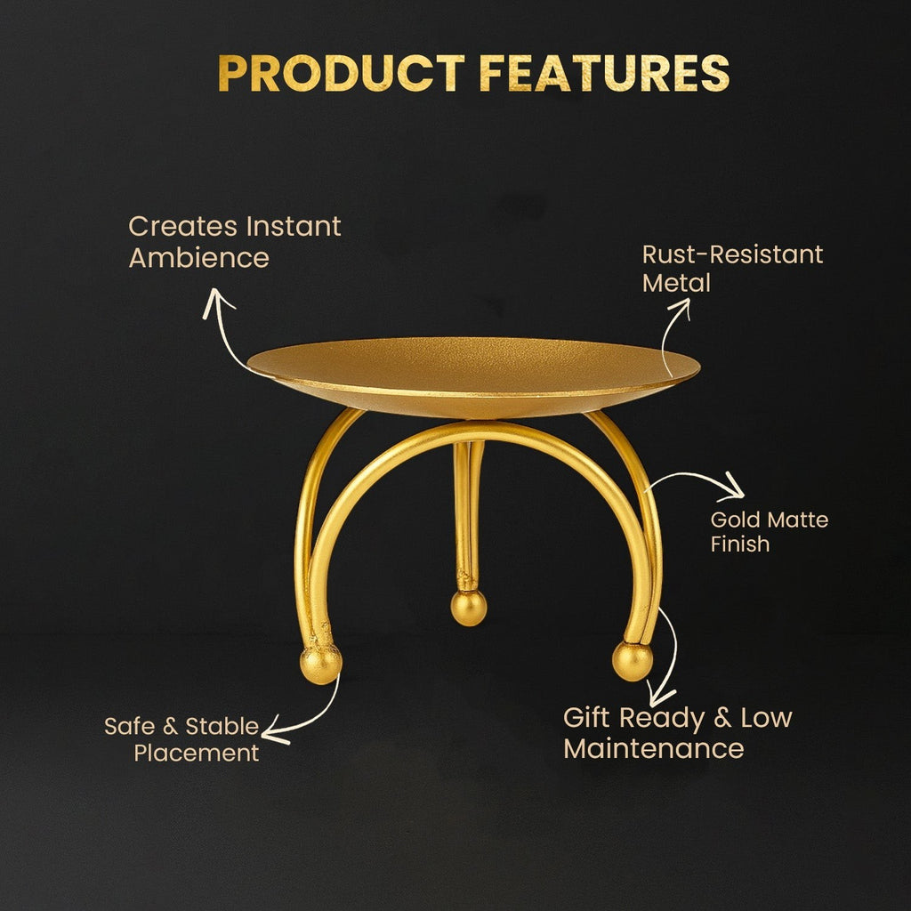 GoHooked gold metal pedestal candle holder with tripod base and matte finish. Ideal for tealights, diyas, or desserts.