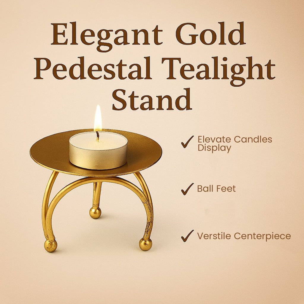GoHooked gold metal pedestal tealight candle holder with tripod base and ball feet, perfect for decorative displays.