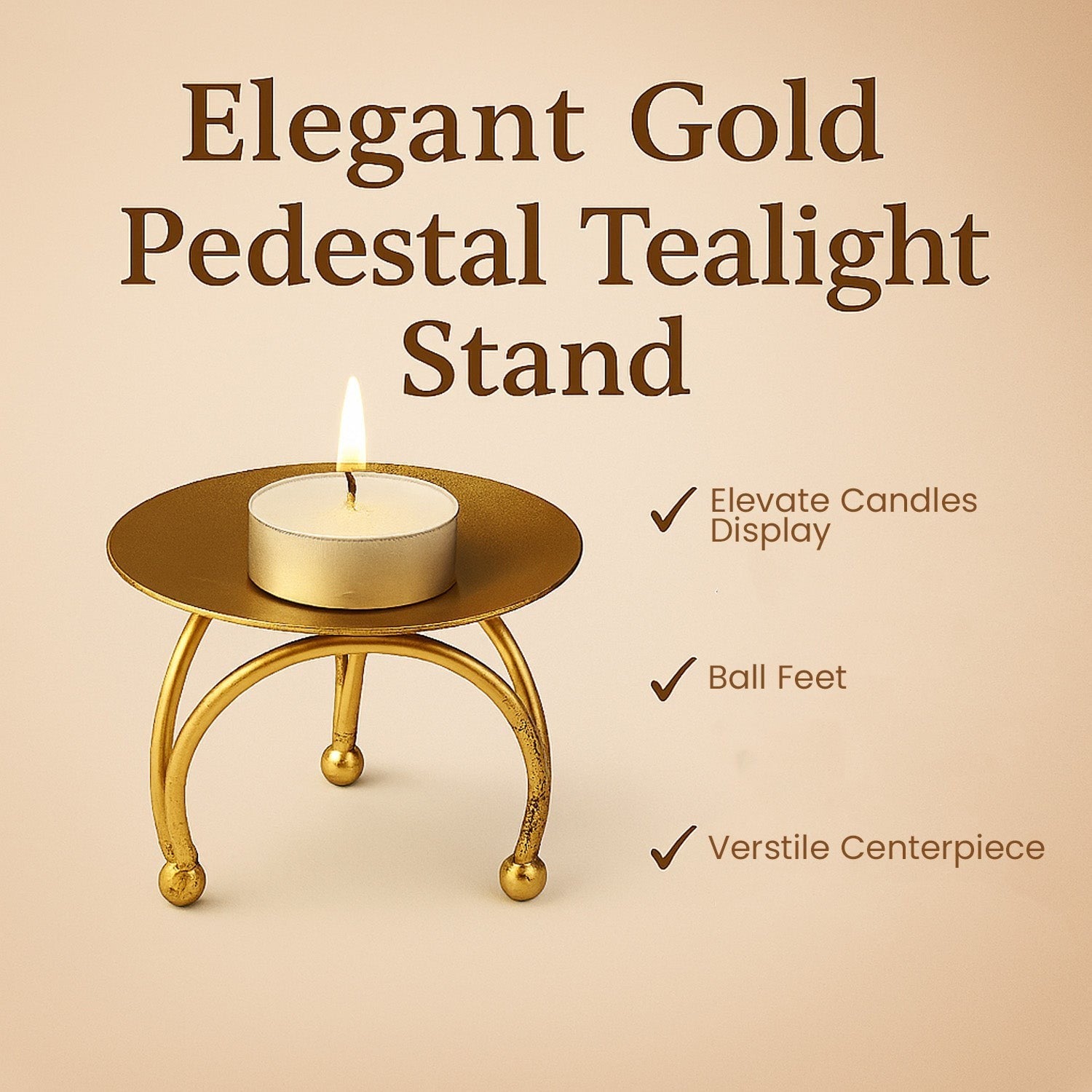 GoHooked gold metal pedestal tealight candle holder with tripod base and ball feet, perfect for decorative displays.