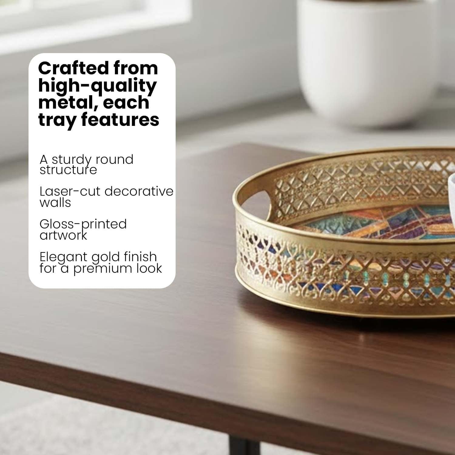 Go Hooked set of 2 round gold metal decorative trays with geometric art and laser-cut rim. Ideal for coffee tables.