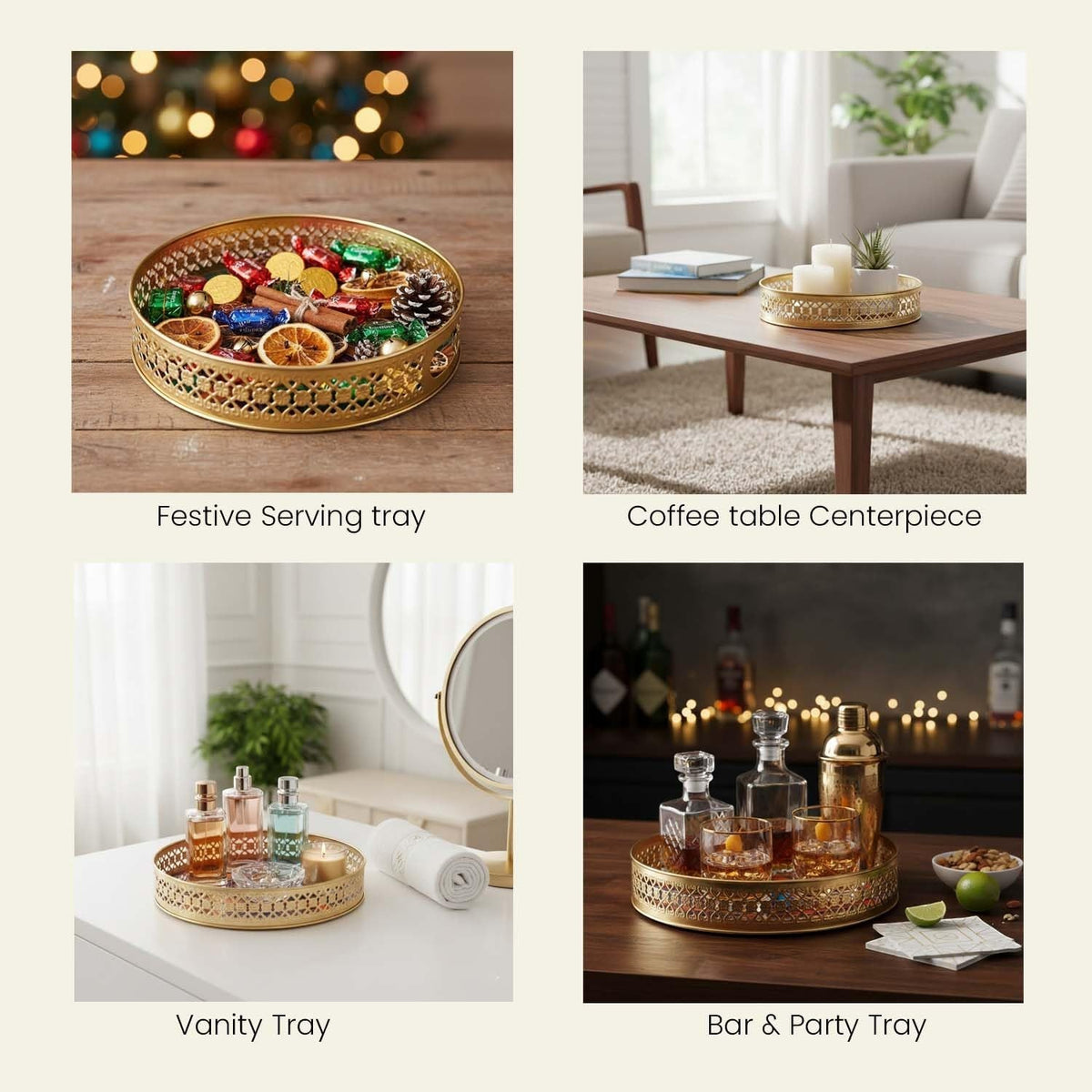 Go Hooked set of 2 round gold metal decorative trays with geometric cutouts. Ideal for serving or display.
