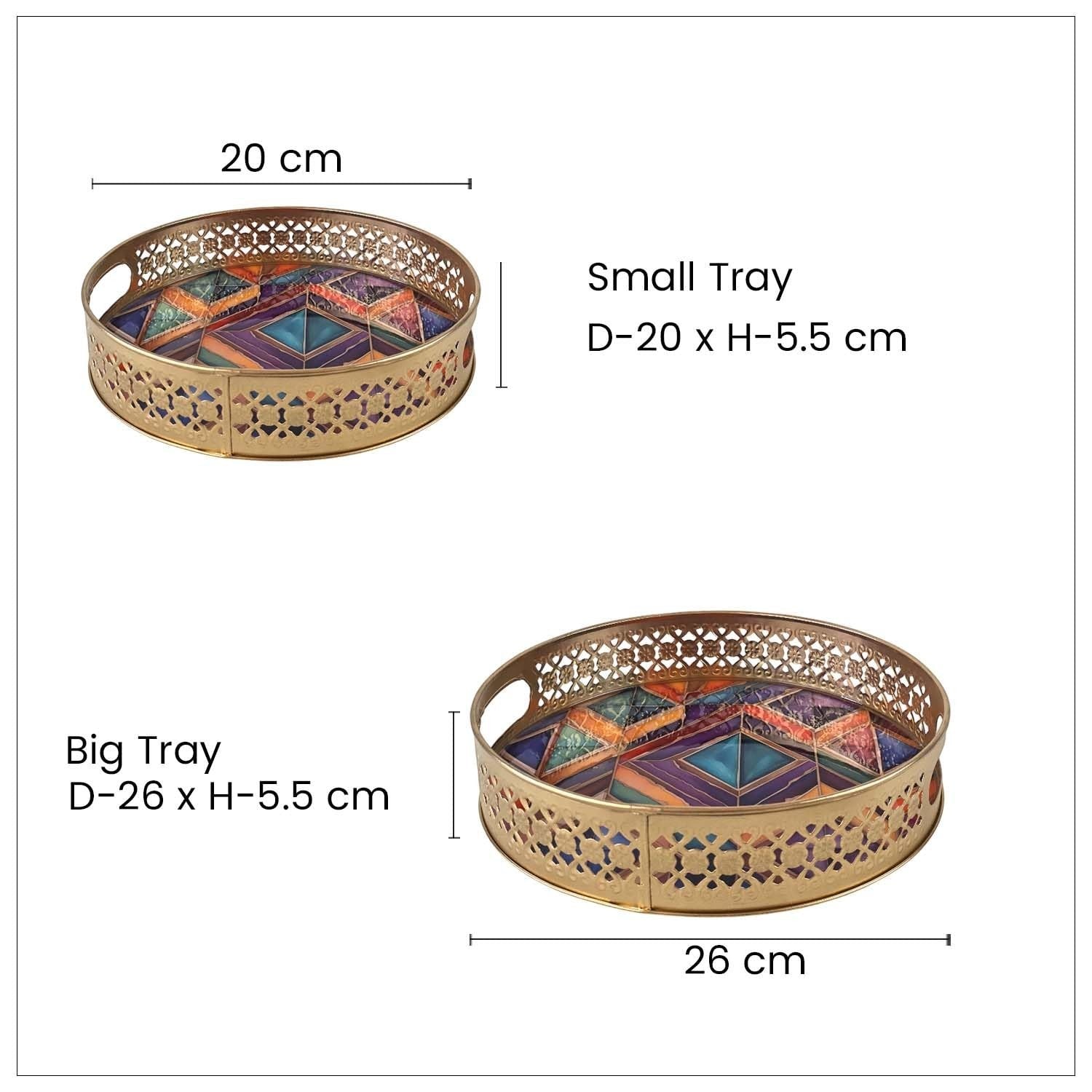 Go Hooked set of 2 round gold metal decorative trays with geometric art and cut-out rims. 8 and 10 inch sizes.