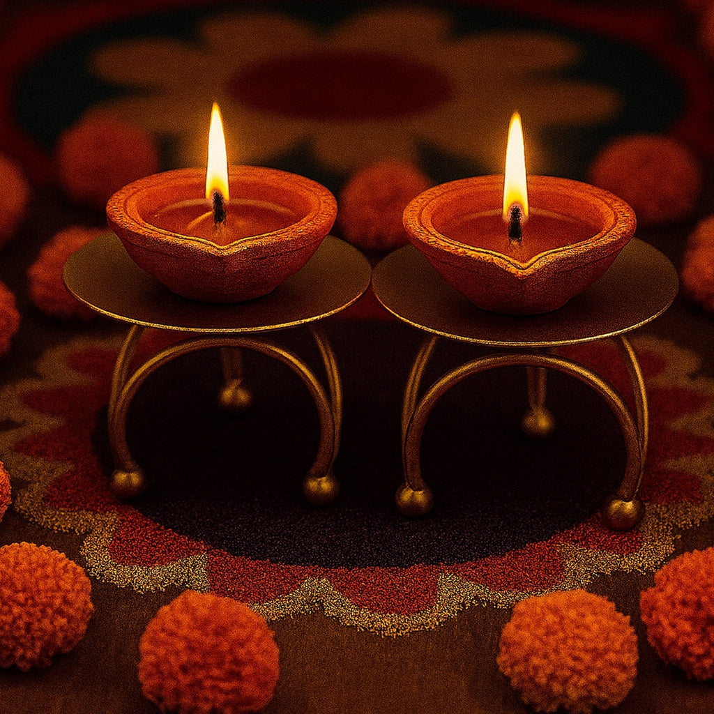 GoHooked gold metal pedestal candle holders with lit diyas, surrounded by marigolds and rangoli.