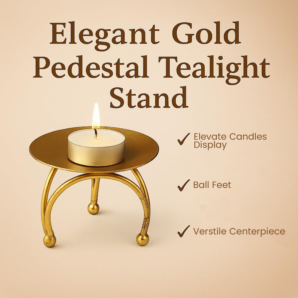 Go Hooked matte gold metal pedestal tealight candle holder with tripod base and ball feet, set of 3.