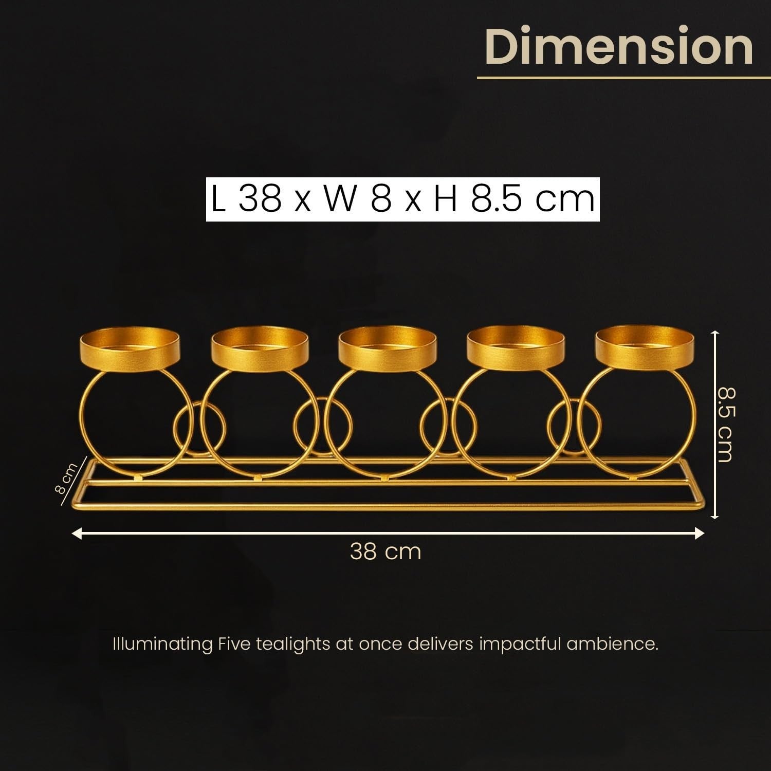 GoHooked gold metal tealight candle holder with five circular ring designs and trays. 38cm length.