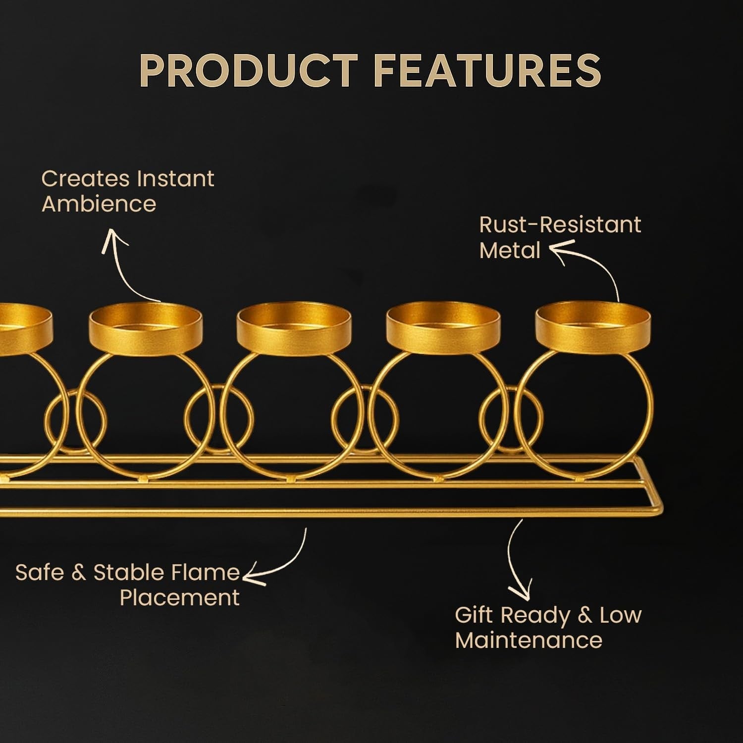 GoHooked gold metal tealight candle holder with 5 trays in a circular ring design. Rust-resistant and stable.