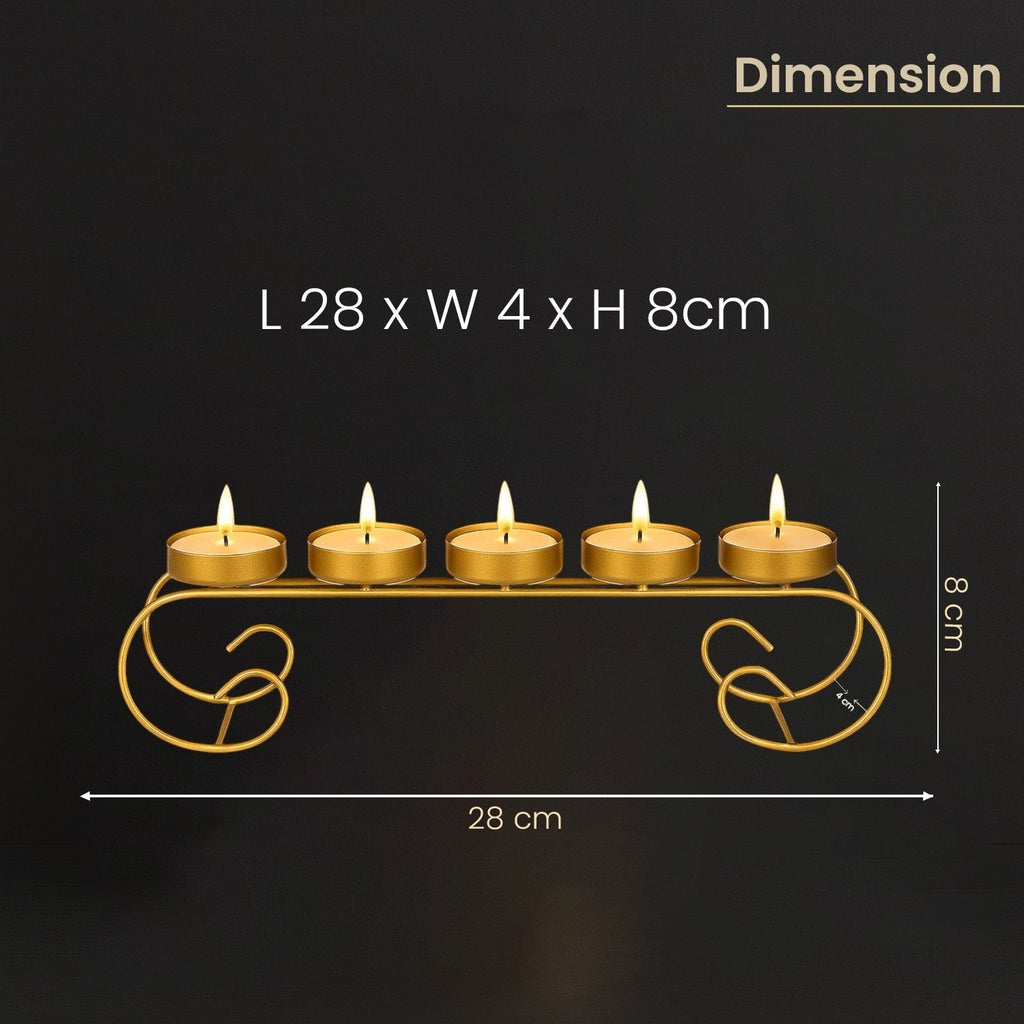 GoHooked gold metal 5-tealight candle holder with scroll base, 28cm long, for decorative table centerpiece.