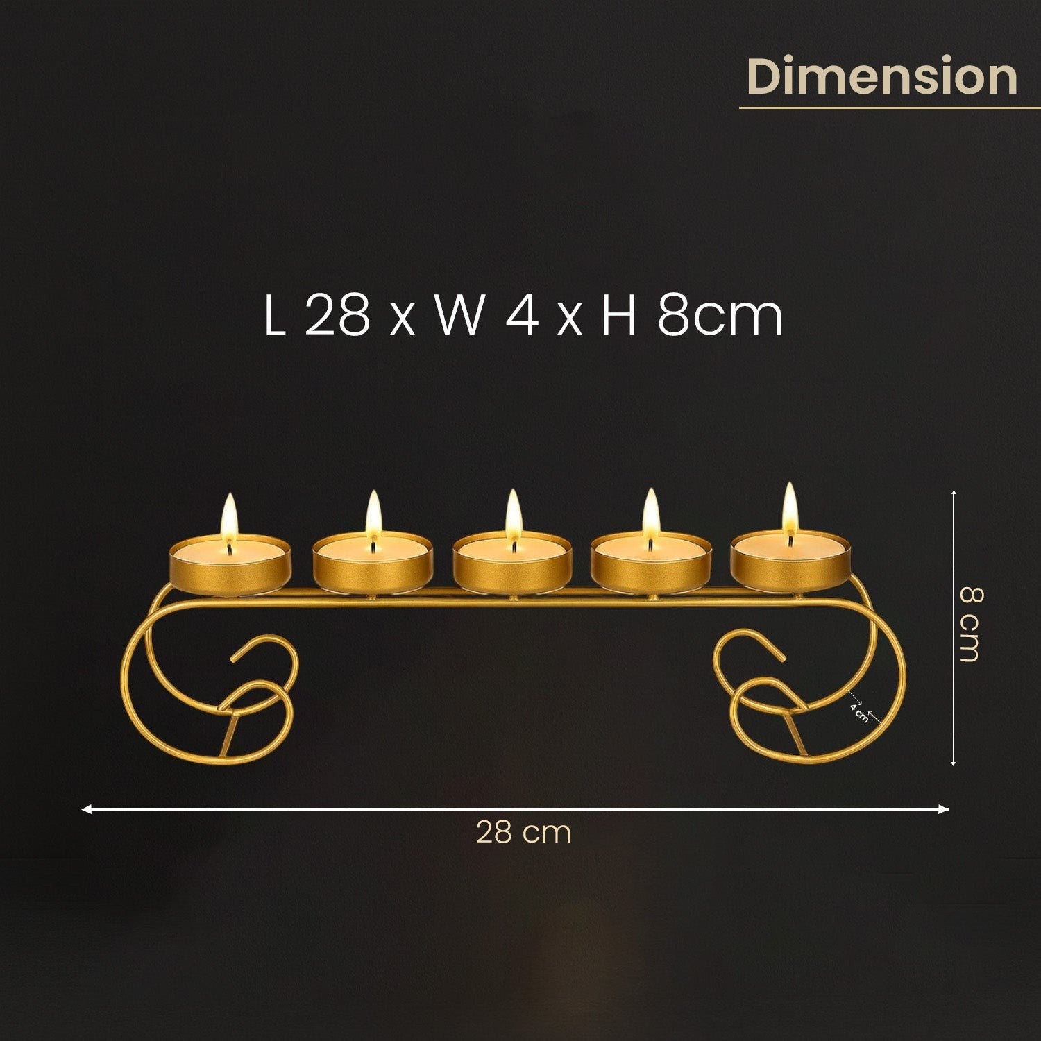 GoHooked gold metal 5-tealight candle holder with scroll base, 28cm long, for decorative table centerpiece.