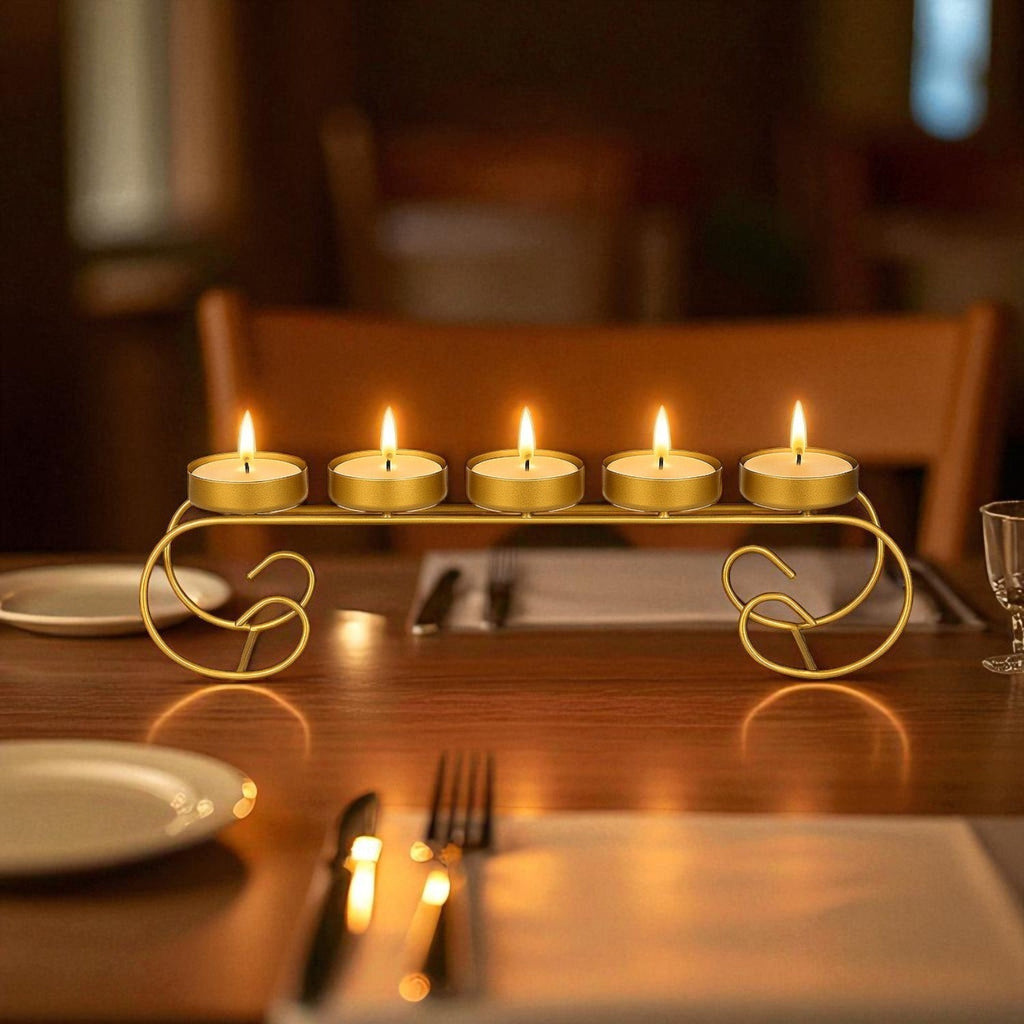 GoHooked gold metal 5-tealight candle holder with scroll base, 28cm decorative iron stand for table centerpiece