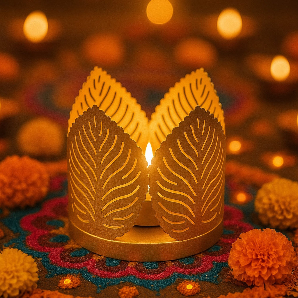GoHooked gold metal crown-shaped tealight holder with leaf cutouts, casting warm light. Ideal for festive decor.