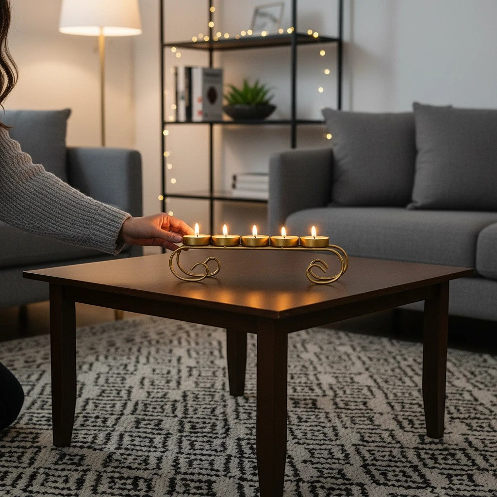 GoHooked gold metal 5-tealight holder with scroll base on a coffee table, casting a warm glow.