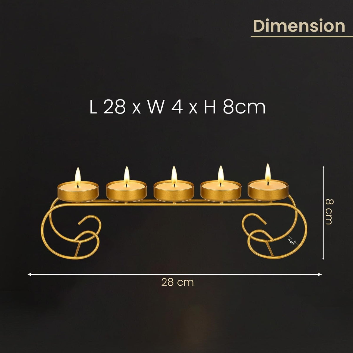 GoHooked matte gold metal 5-tealight holder with scroll base, ideal for festive decor and table centerpieces.
