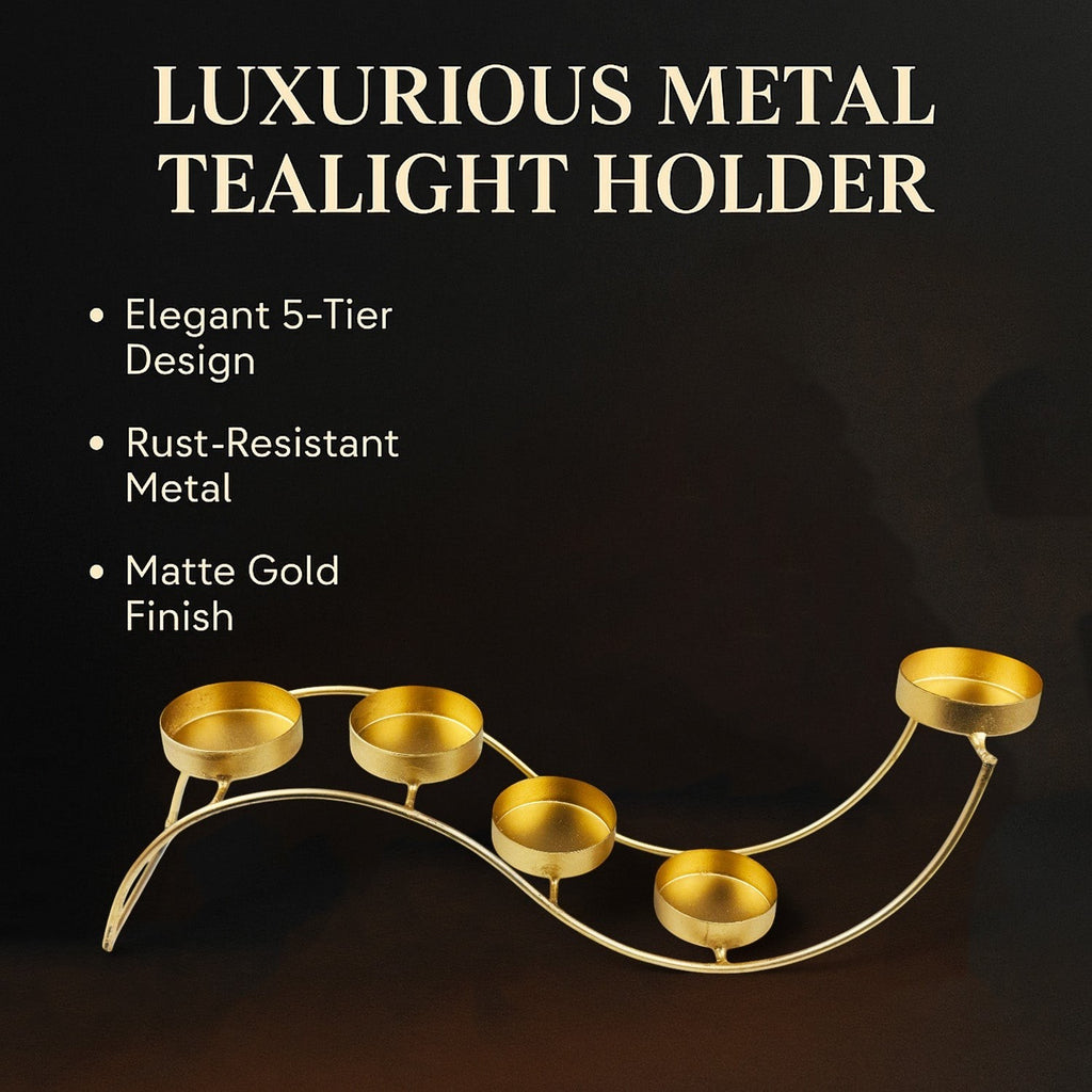 GoHooked matte gold metal 5-tier wave tealight candle holder, 38cm decorative showpiece for tables