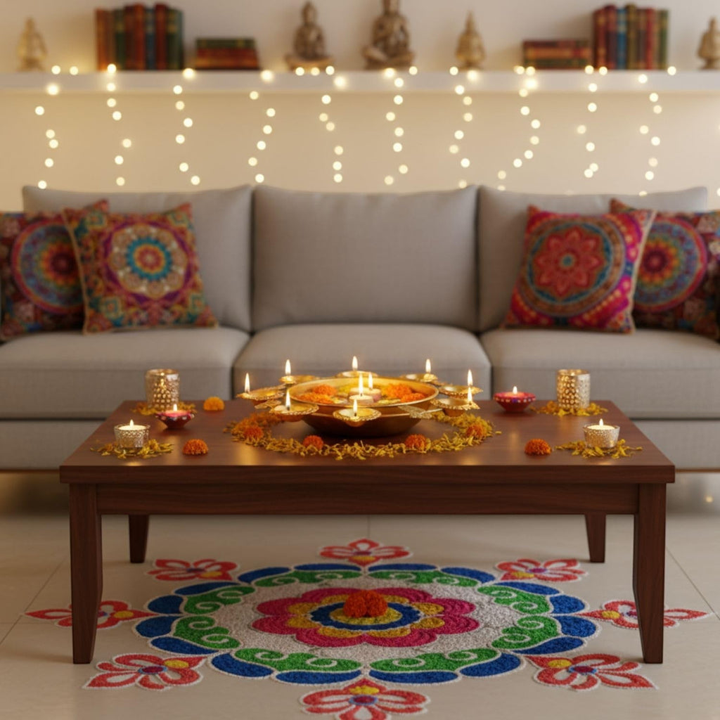Go Hooked gold metal decorative urli bowl with 5 tealight holders, filled with floating flowers and candles.
