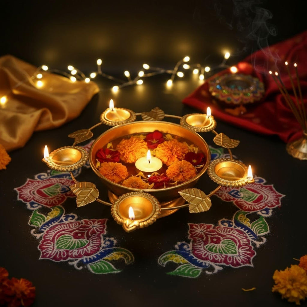 Go Hooked gold metal decorative urli bowl with 5 tealight holders, filled with water, marigolds, and rose petals.